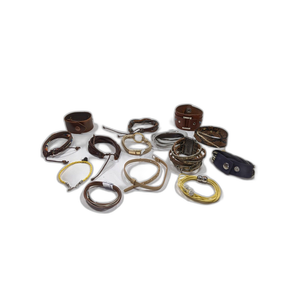 Large Bracelet Lot Faux & Real Leather Wide & Thin 14pc Boho Grunge Skater